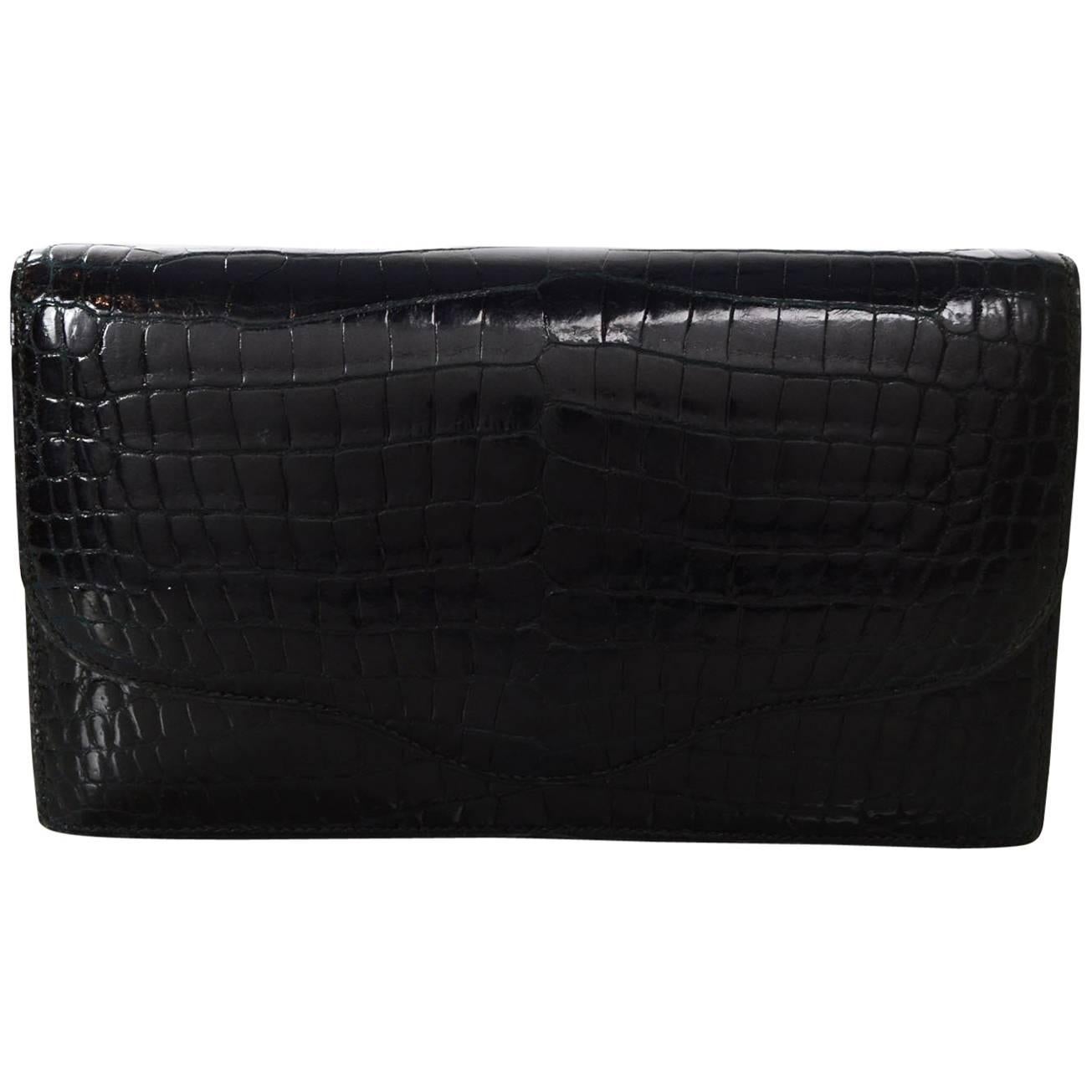 Hermes Vintage Black Porosus Crocodile Clutch Bag