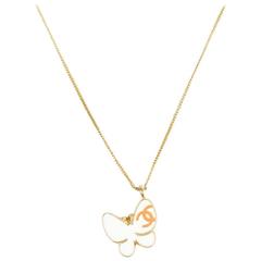 Chanel 07P Gold Tone Metal Cream Enamel 'CC' Butterfly Pendant Necklace