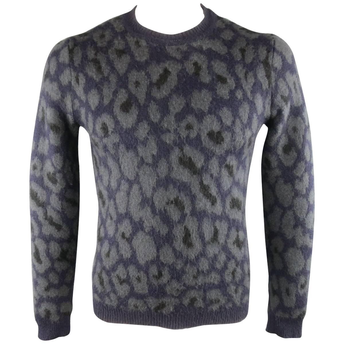 RAF SIMONS Size S Navy & Grey Cheetah Print Mohair Blend Pullover Sweater