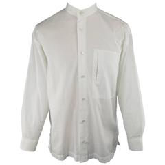 Men's Retro ISSEY MIYAKE Size S White Cotton Band Collar Pocket Shirt
