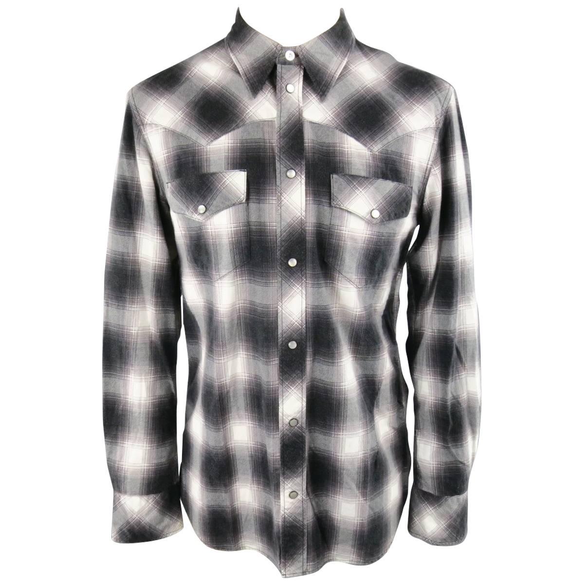 Men's NUMBER (N)INE Size L Black White & Gray Shadow Plaid Cotton Western Shirt