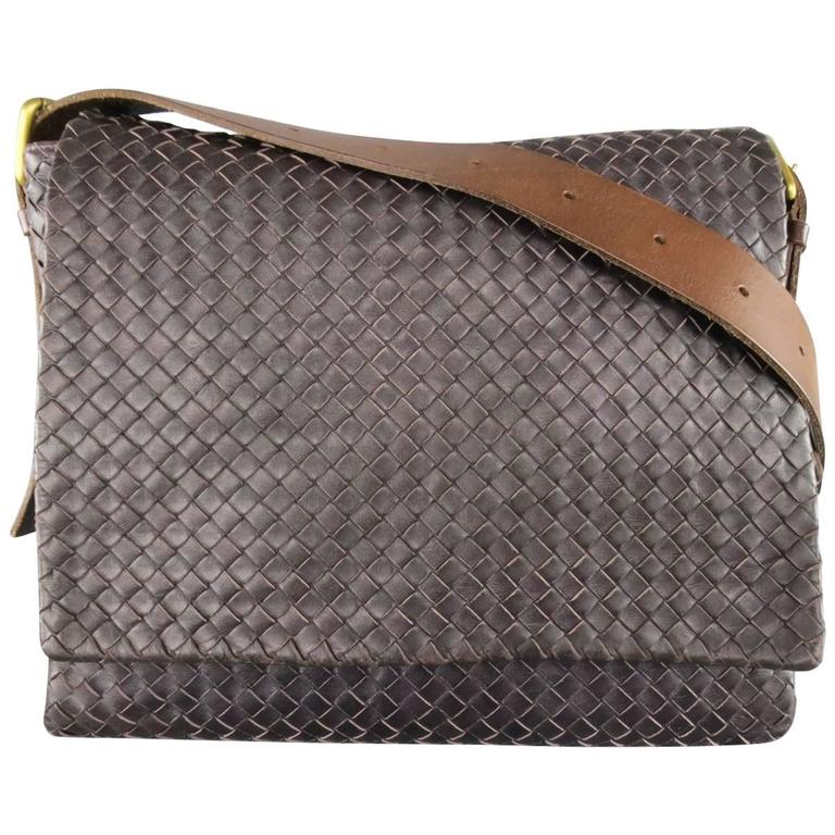 BOTTEGA Bag Eggplant Intrecciato Woven Leather Brown Belt Strap Messenger at 1stDibs