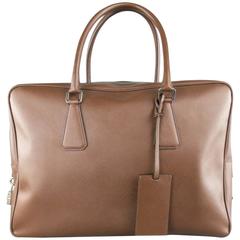 PRADA Light Brown Saffiano Leather Silver Lock Briefcase