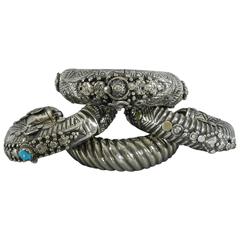 Set of 4 Antique Silver Bedouin Tribal Ethnic Cuff Bracelets