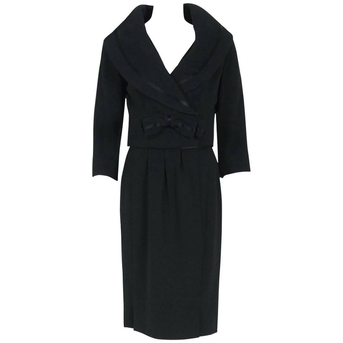 1955 Jean Patou Haute-Couture Black Wool & Satin Cocktail Wiggle Dress Ensemble