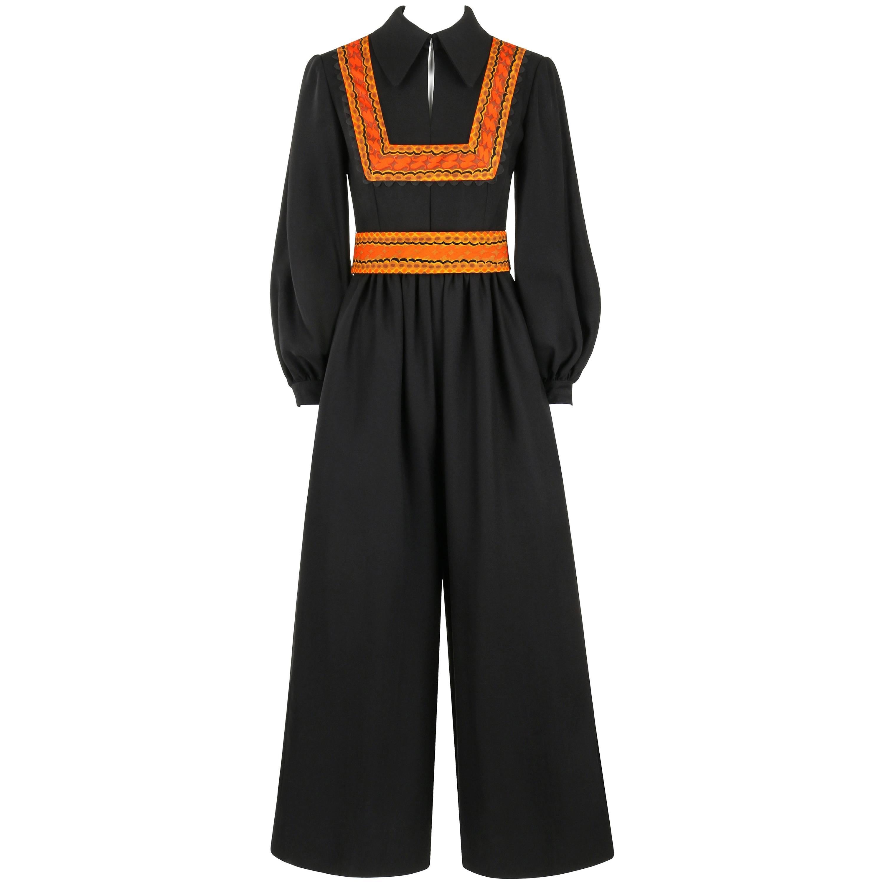 OSCAR DE LA RENTA Boutique c.1970's Black Wool Crepe Long Sleeve Belted Jumpsuit