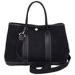 Hermes Garden Party TPM Black Leather Canvas Hand Bag + Strap