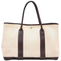 Hermes Garden Party TPM Chocolate Brown Leather Beige Canvas Hand Bag