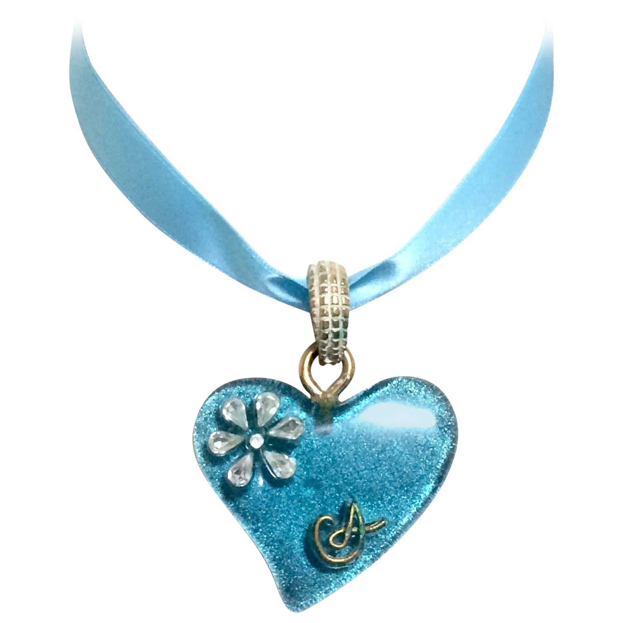 Vintage Christian Lacroix blue ribbon choker necklace with blue lame heart top. For Sale