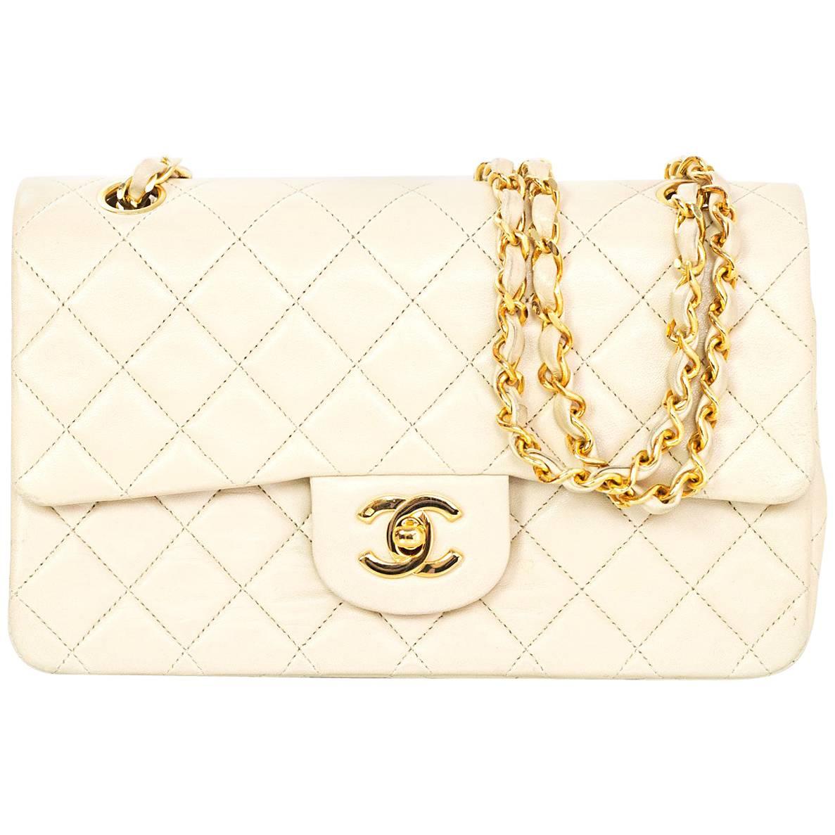 Chanel Vintage Cream Quilted Lambskin Small 9" Classic Double Flap Bag