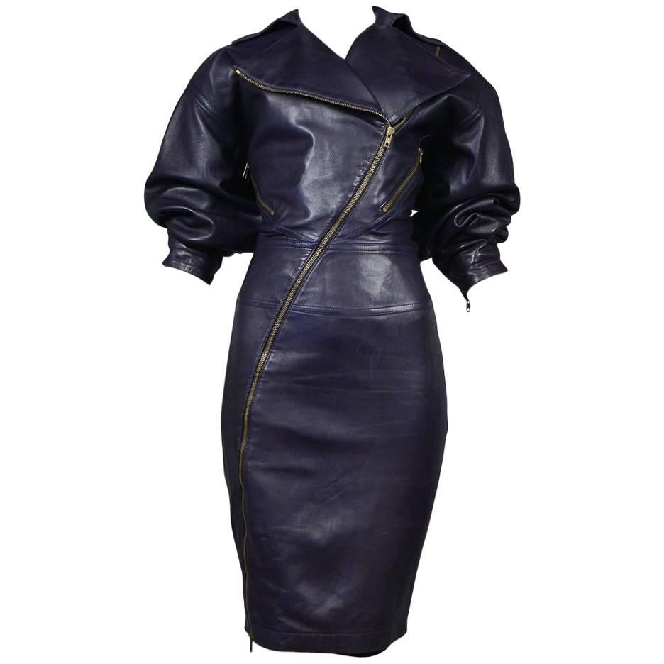 Important Alaia Leather Motorcycle Zipper Dress 1986