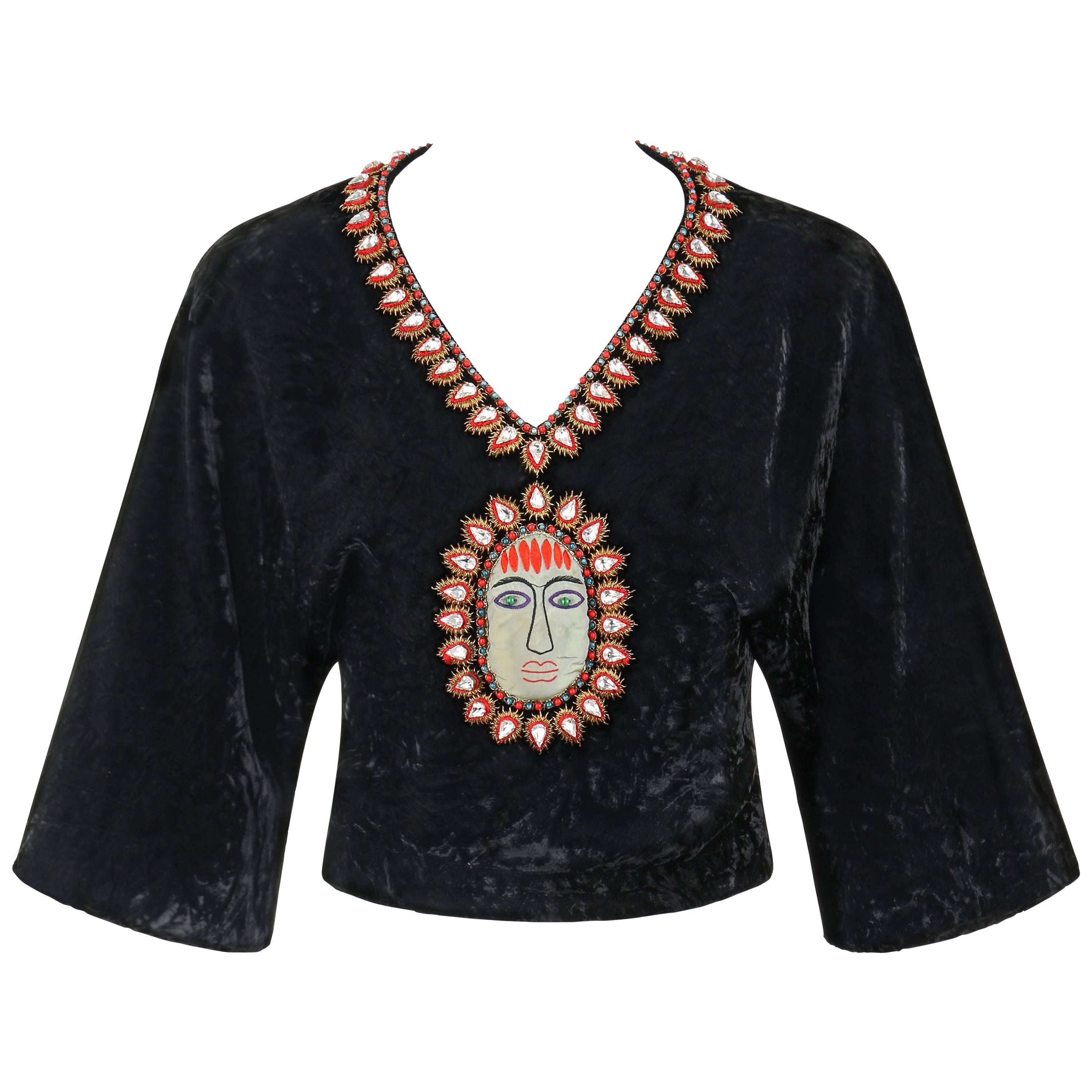 GUCCI c.1970s Black Crushed Velvet Bead Embellished Bohemian Cropped Blouse RARE For Sale