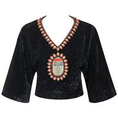 GUCCI c.1970s Black Crushed Velvet Bead Embellished Bohemian Cropped Blouse RARE