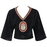GUCCI c.1970 Velluto schiacciato nero impreziosito da perline Camicetta cropped bohémien RARA