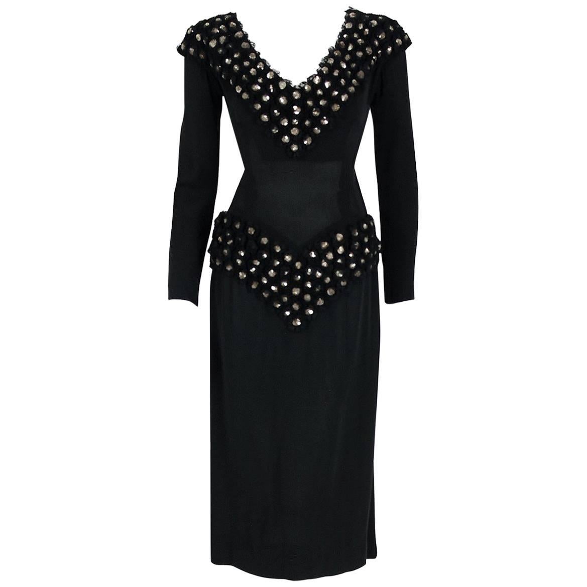 1948 Balenciaga Eisa Haute-Couture Sequin Applique Black Silk Low-Plunge Dress