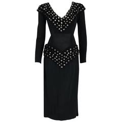 Vintage 1948 Balenciaga Eisa Haute-Couture Sequin Applique Black Silk Low-Plunge Dress