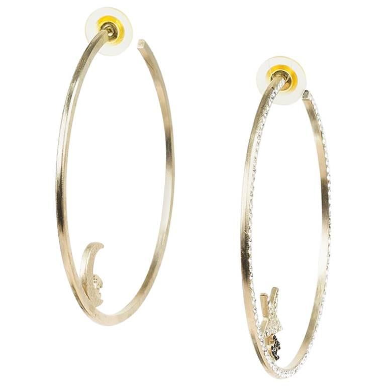 Chanel 08P Gold Tone Crystal Embellished Star Moon 'CC' Hoop Earrings For Sale