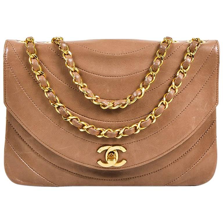 Vintage Chanel Taupe Brown Leather Curved Quilted Chain Strap Flap Bag For Sale