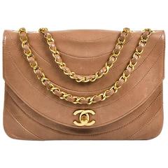 Vintage Chanel Taupe Brown Leather Curved Quilted Chain Strap Flap Bag