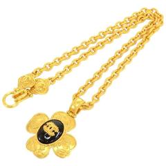 Chanel CC Gold Tone Flower Motif Pendant Necklace