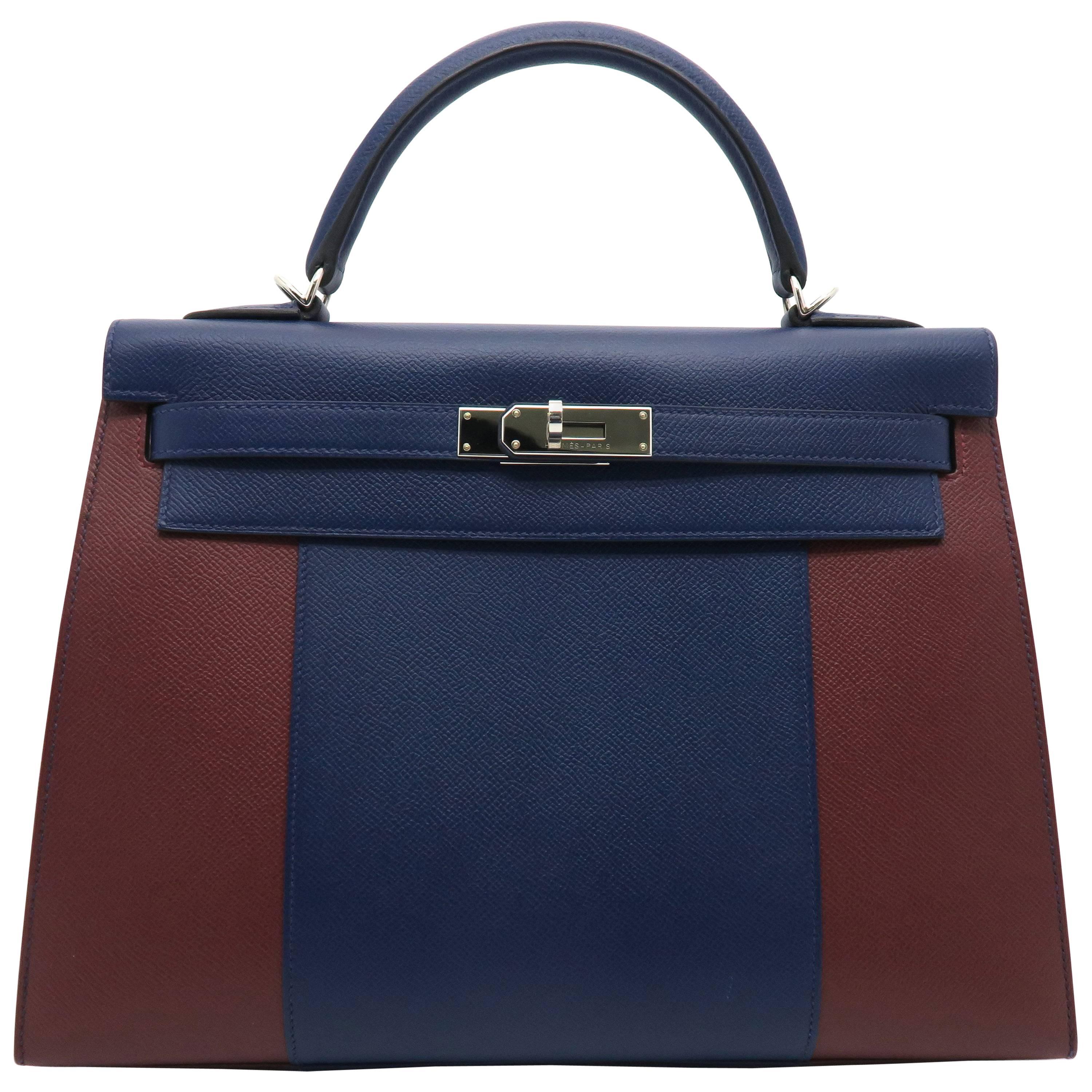Hermes Kelly 32 Navy Blue and Red Epsom Leather Top Handle Bag