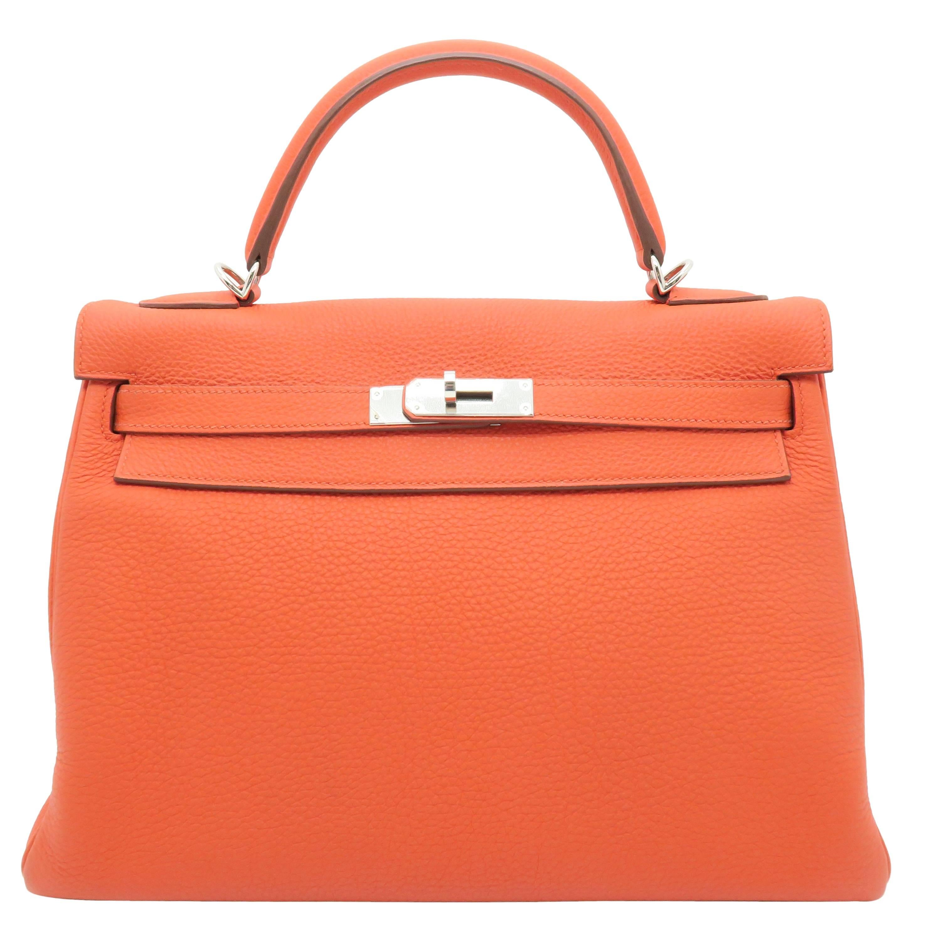 Hermes Kelly 32 Capucine Orange Togo Leather SHW Top Handle Bag