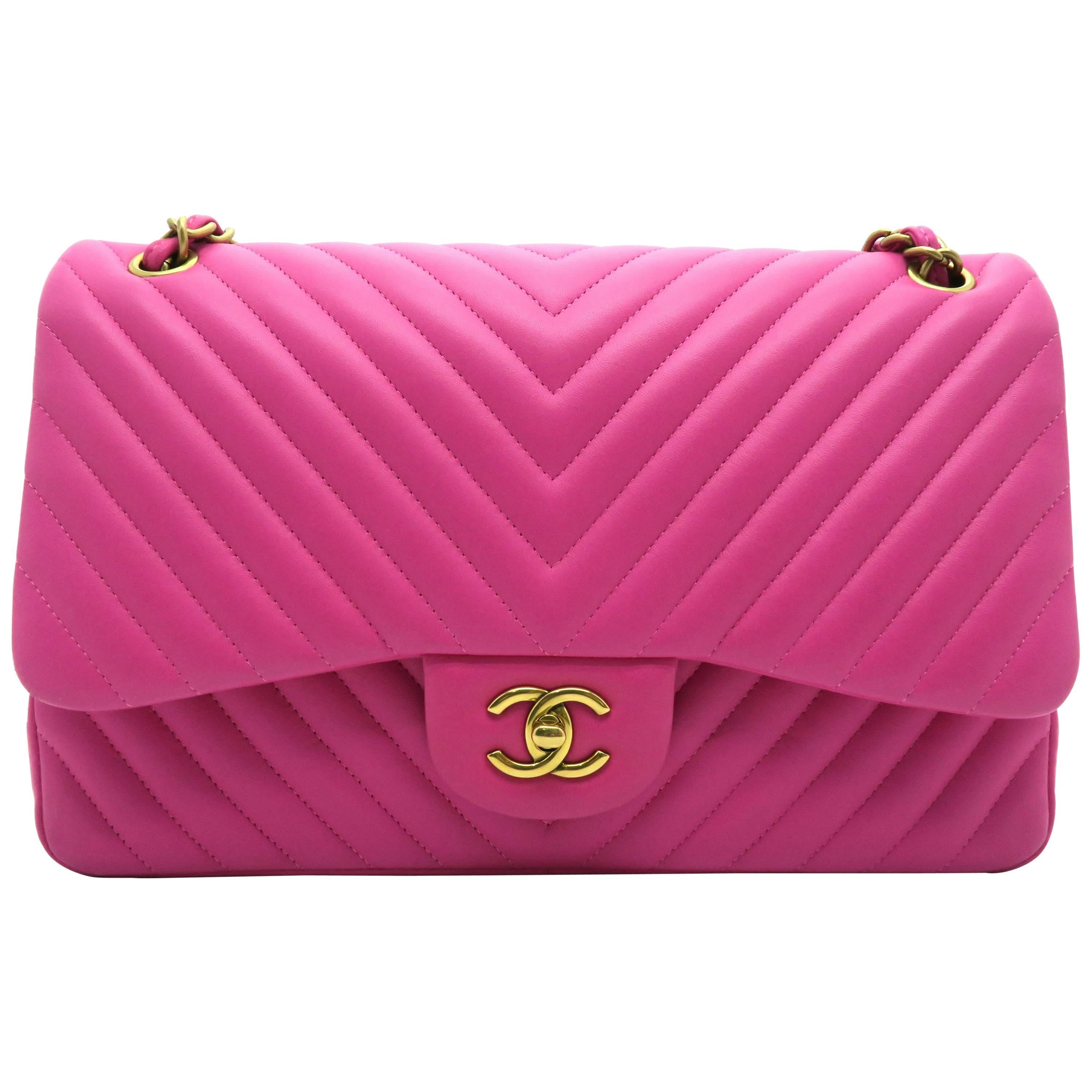 Chanel Chevron Double Flap Pink Lambskin Leather Chain Shoulder Bag
