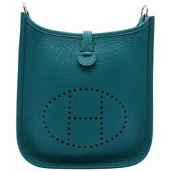 Hermes Evelyne TPM Bleu Paon Peacock Blue Clemence Leather Shoulder Bag