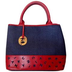 Retro Nina Ricci navy woven straw and red leather handbag, tote bag with logo.