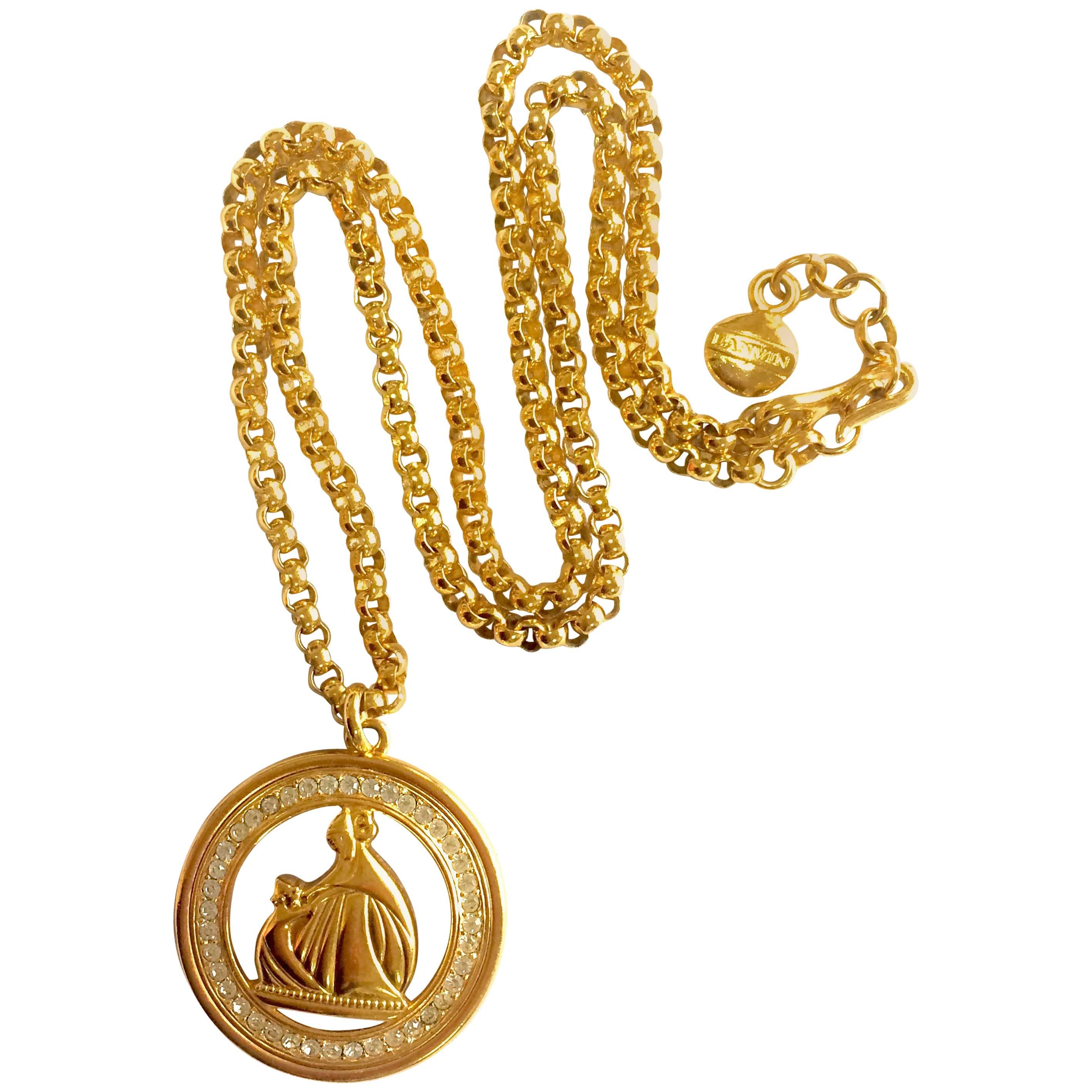 MINT. Vintage LANVIN golden chain necklace with large logo pendant top. Germany.