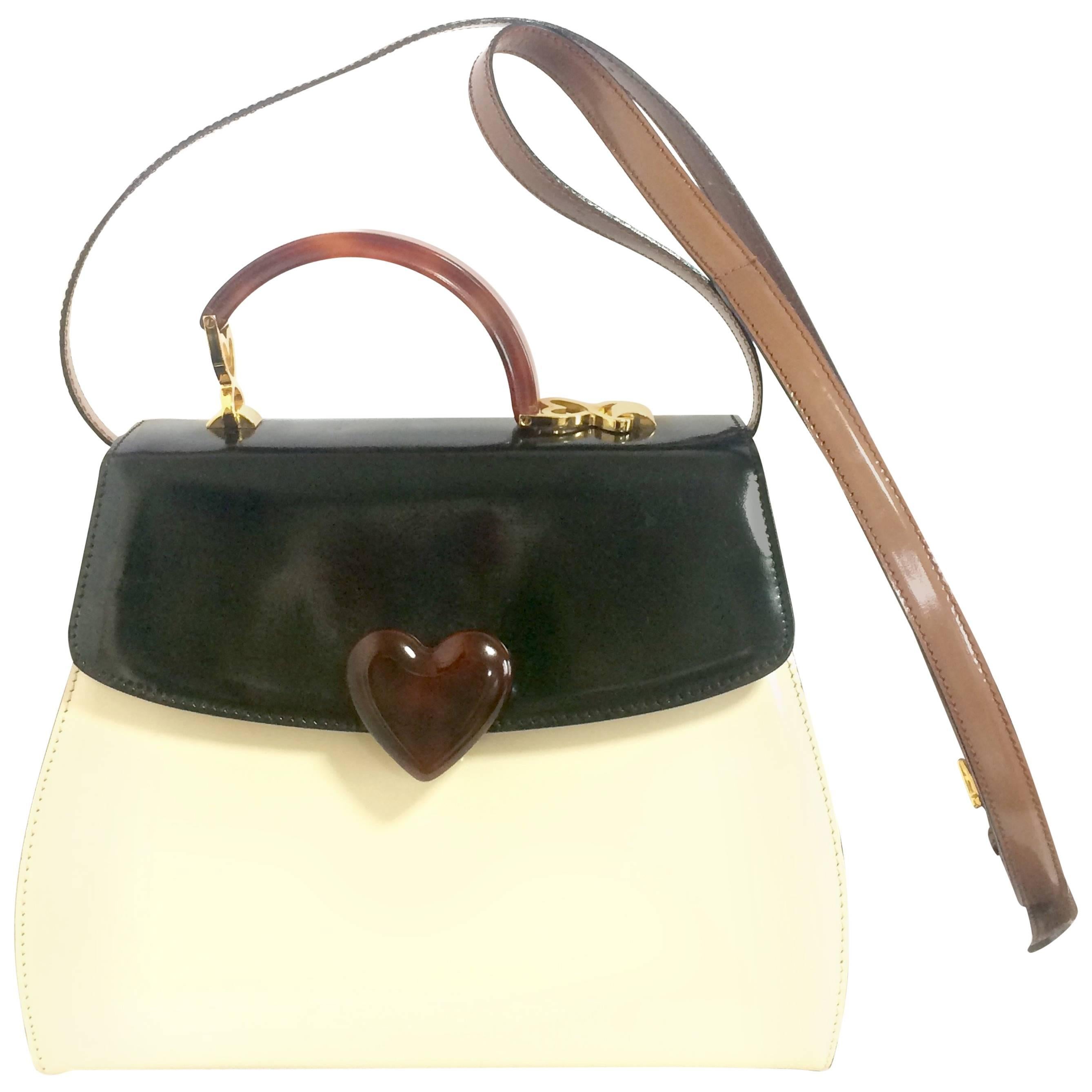 Vintage MOSCHINO white, black, brown patent enamel bag with heart motif. RedWall For Sale