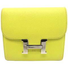 Hermes Constace Lime Yellow Epsom Leather Silver Metal Short Wallet