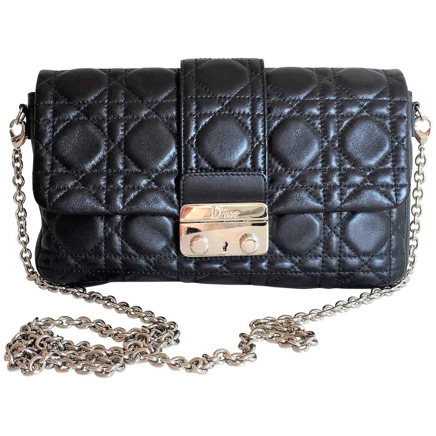 Miss Dior Lock Promenade Black Leather Pochette Wallet on Chain For Sale