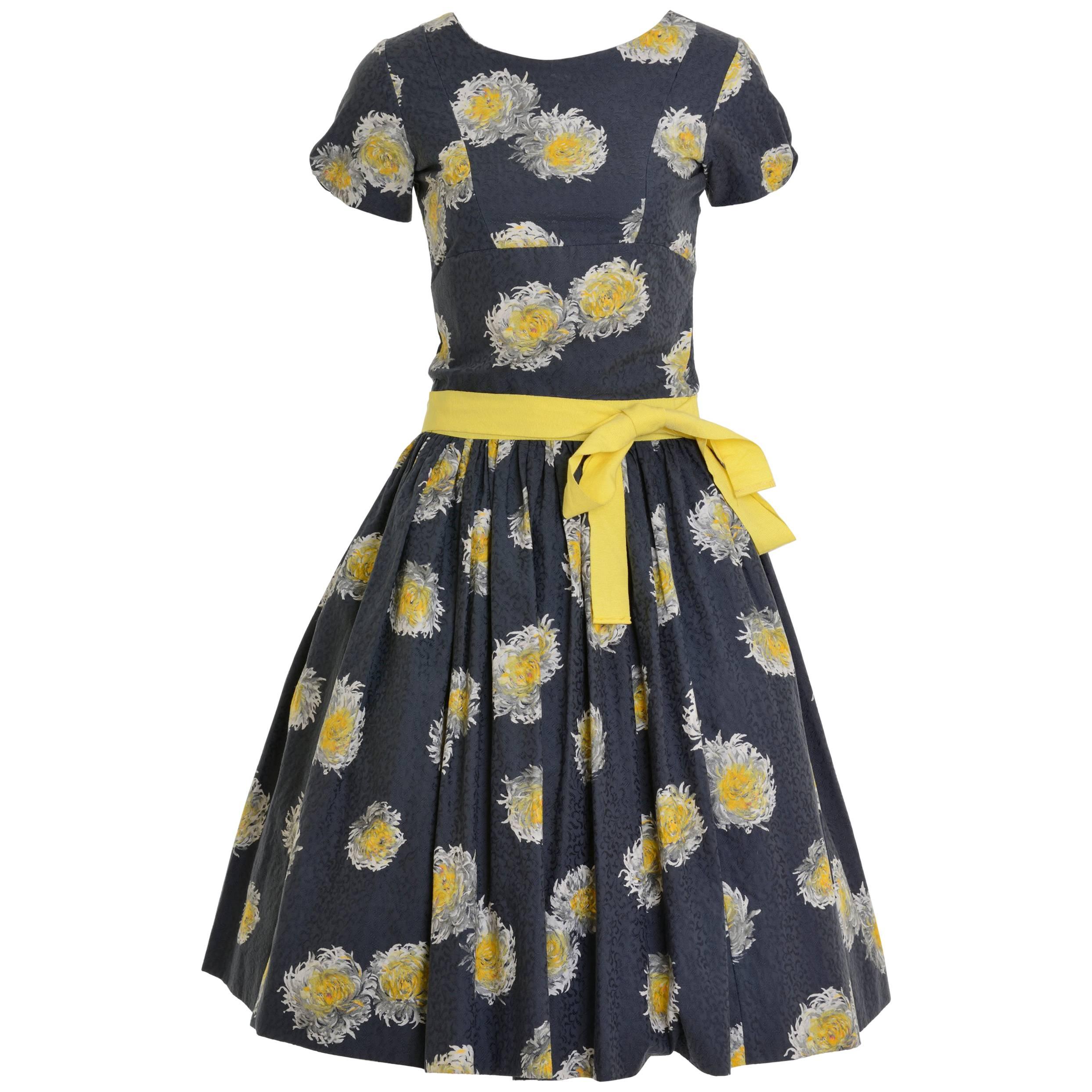 1950s Painted Flowers Cocktail Dress