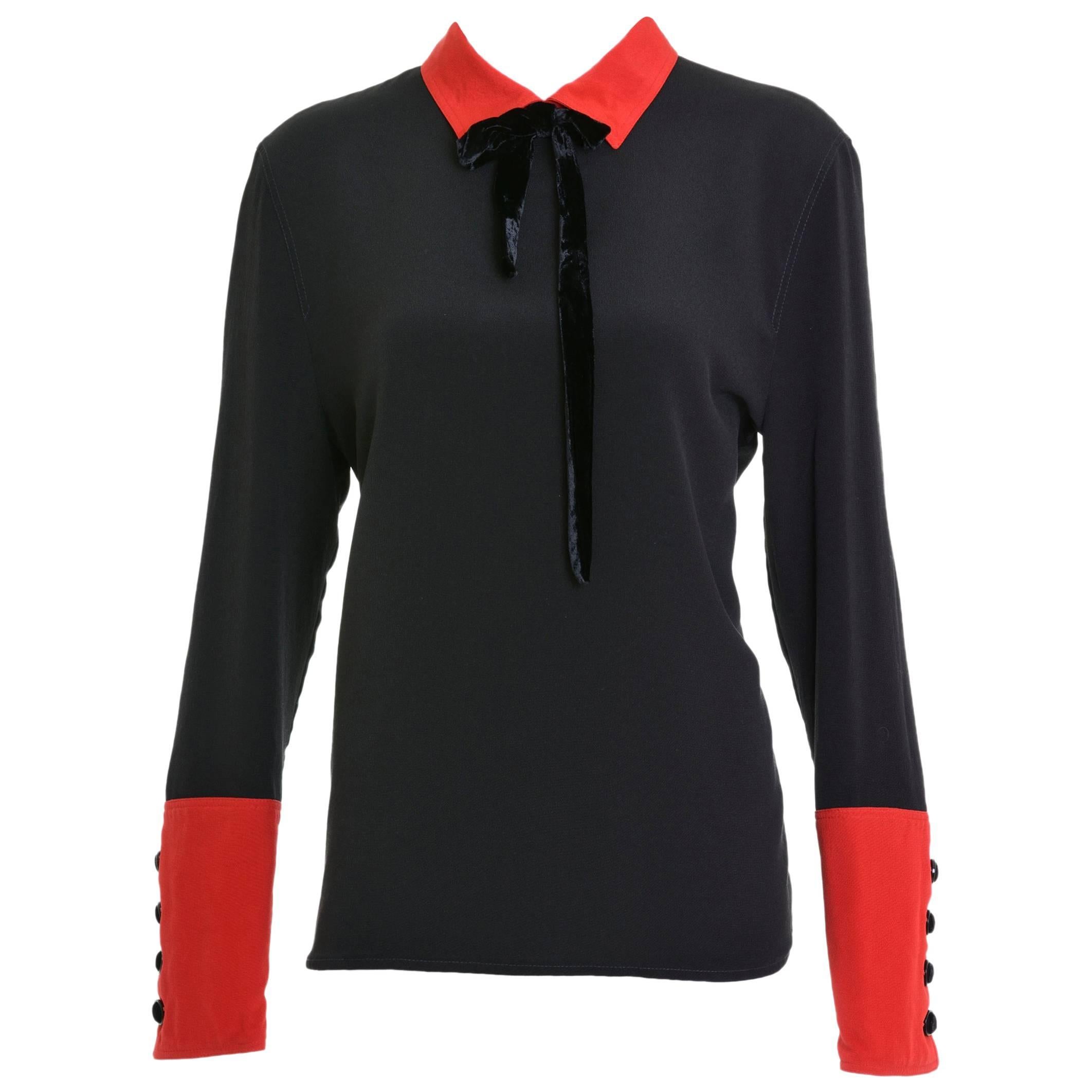 1980s VALENTINO Boutique Black and Red Silk Blouse Shirt For Sale