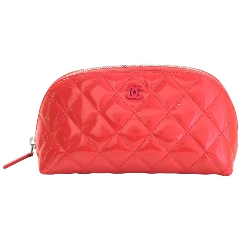 Chanel Coral Pink Patent Leather Quilted Cosmetic Case/Makeup Bag For Sale  at 1stDibs