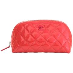 Chanel Coral Pink Patent Leather Quilted Cosmetic Case/Makeup Bag