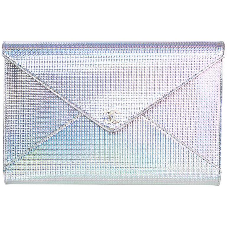 Chanel Silver Holographic Envelope Clutch Bag with Box For Sale at