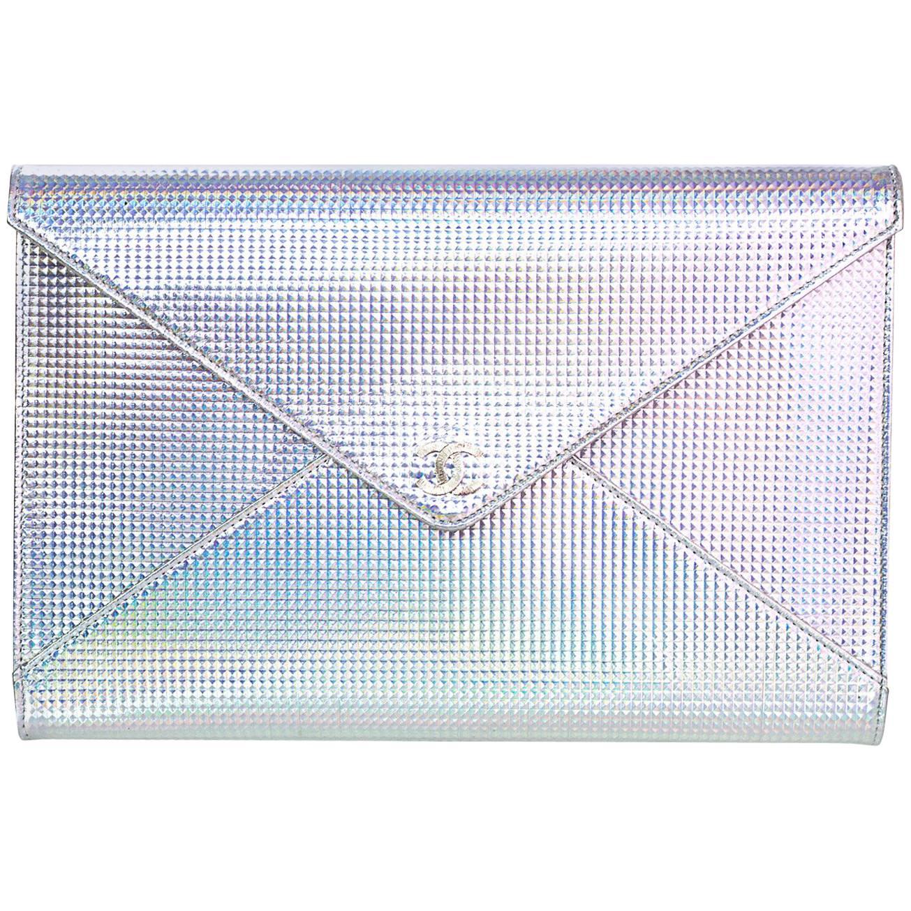 Chanel Silver Holographic Envelope Clutch Bag with Box