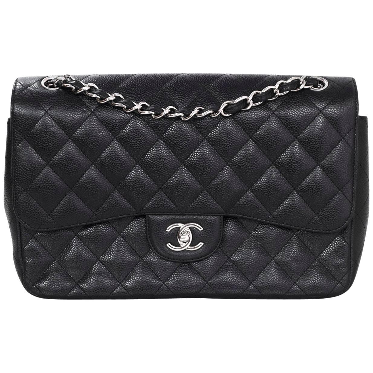 Chanel Black Caviar Leather Quilted Double Flap Jumbo Bag with SHW rt. $5, 900