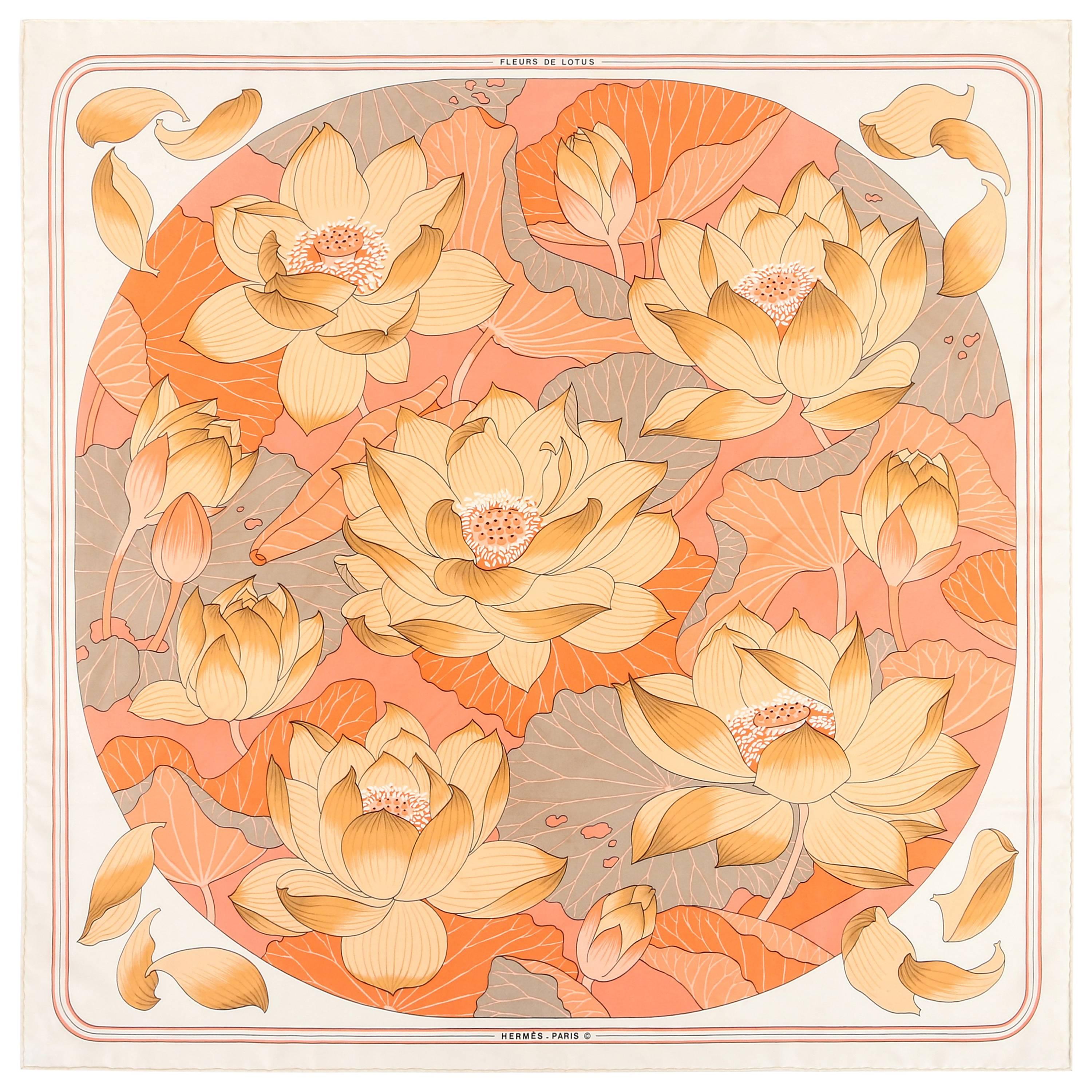 HERMES c.1976 Christiane Vauzelles "Fleurs De Lotus" Peach Floral Print Scarf
