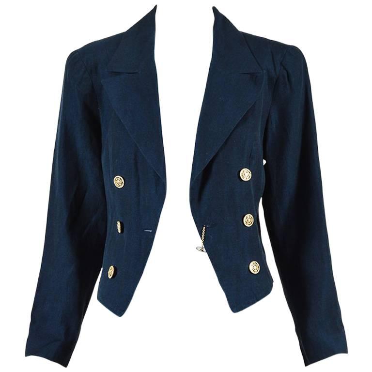 Chanel Navy Blue Linen Embellished Button Crop Military Jacket For Sale