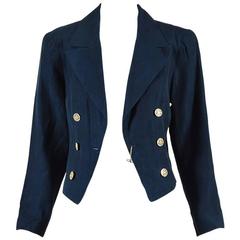 Chanel Navy Blue Linen Embellished Button Crop Military Jacket