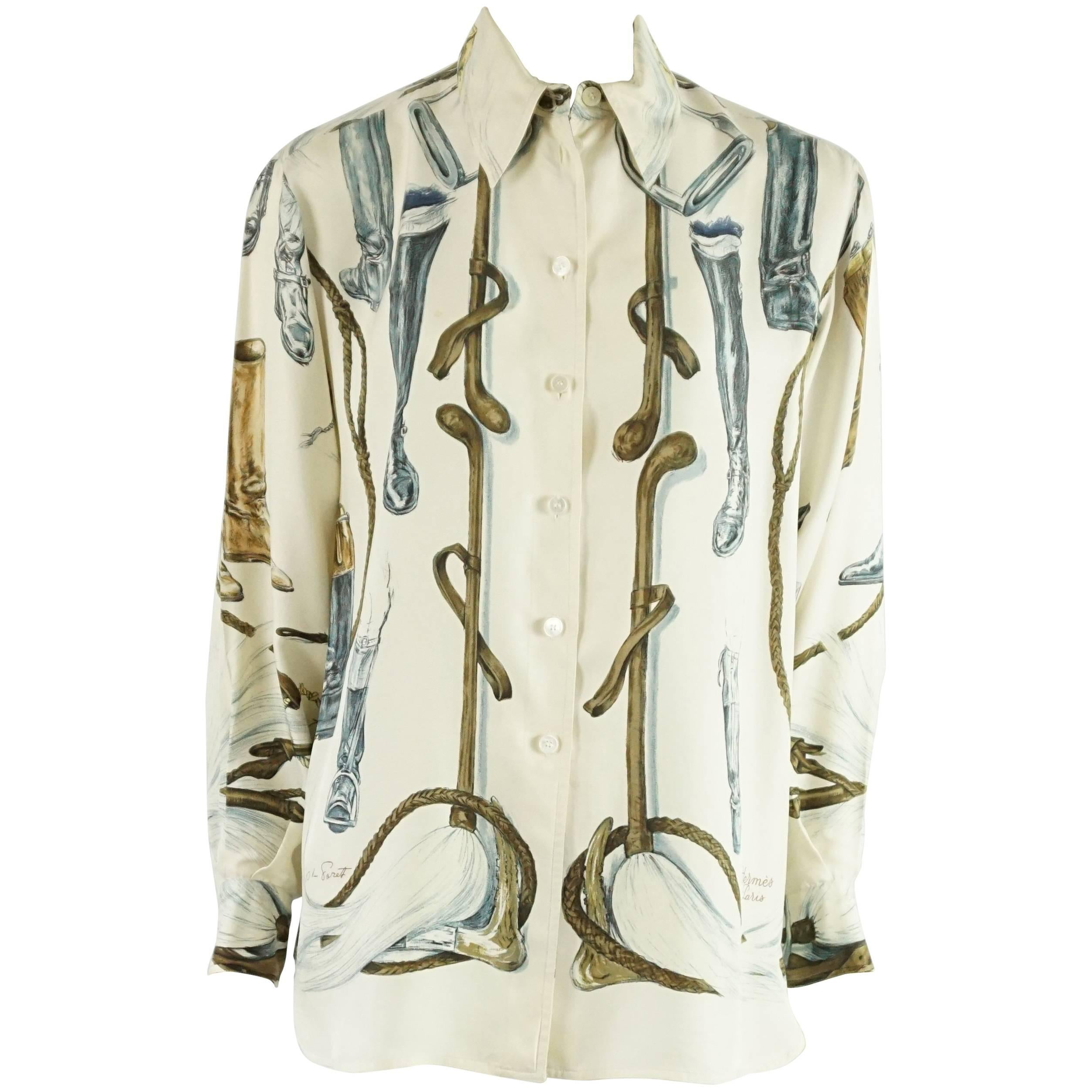Hermes Ivory Silk "A Propos de Bottes" Riding Boot Print Shirt - 40 - 1960s