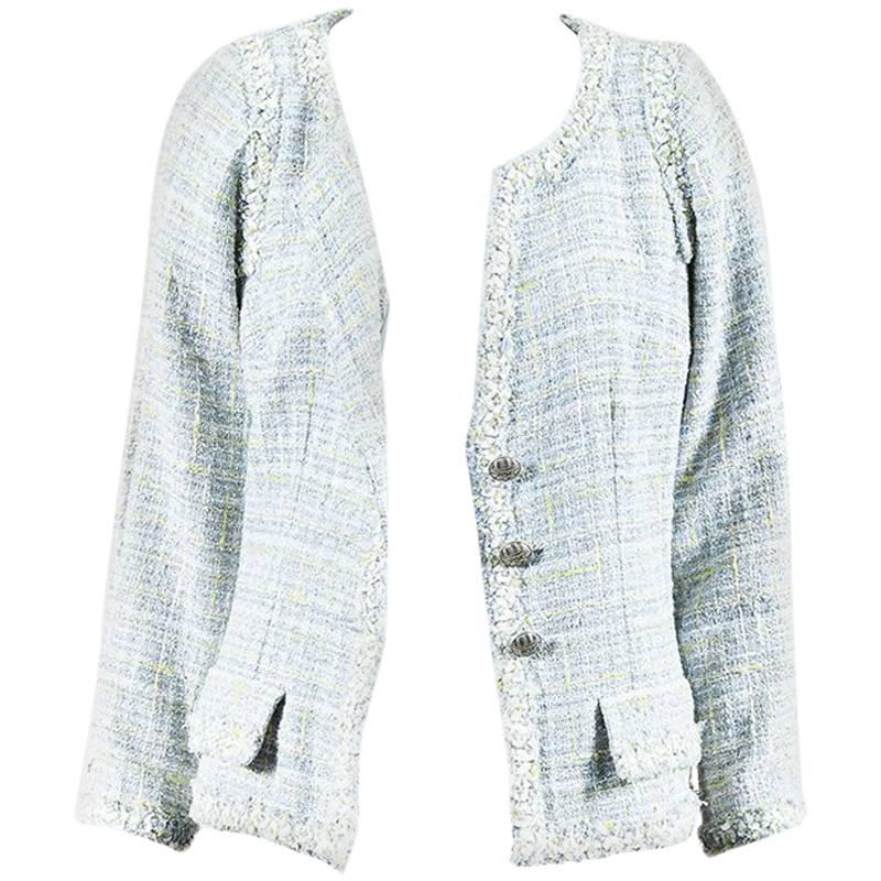 Chanel 09P Blue Tweed Plaid Fringe Trim Button Up Jacket For Sale