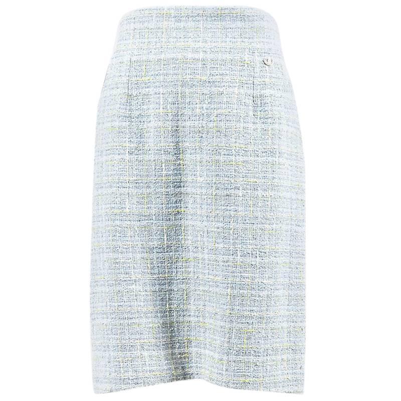 Chanel 09P Blue Grey Tweed Knit Plaid Pencil Skirt For Sale