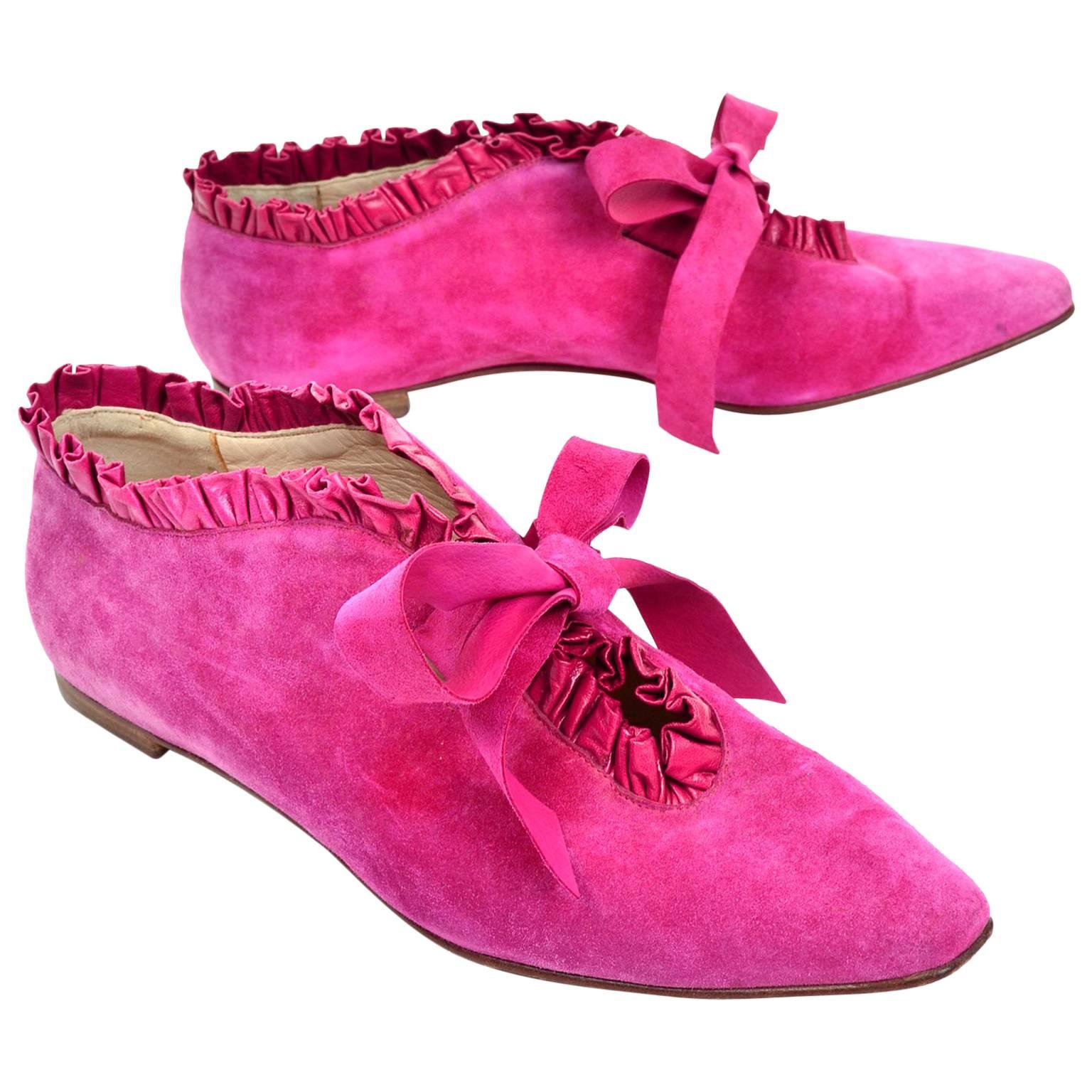 Manolo Blahnik Hot Pink Suede Ruffled Lace Up Vintage Booties Size 38.5 US 8.5