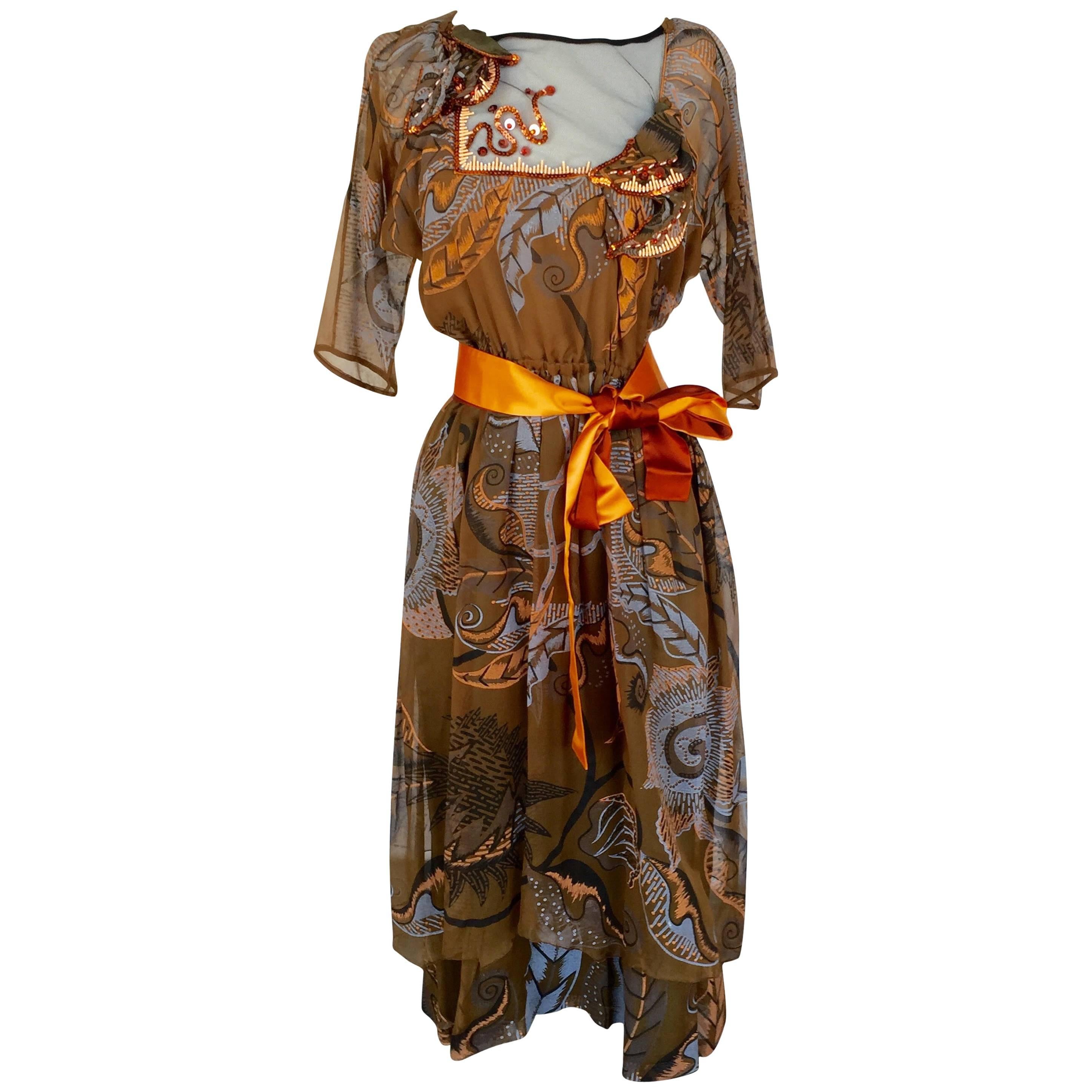 1970s Zandra Rhodes Hand-Painted Silk Chiffon Dress Embellished Beads Sequins For Sale