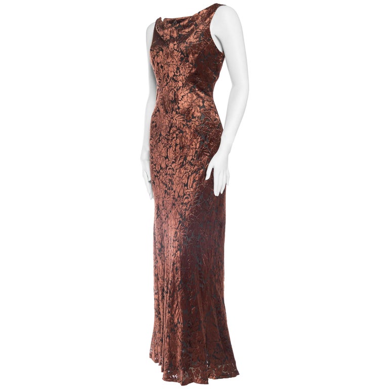 1990S CARMEN MARC VALVO Chocolate Brown & Black Rayon Silk Burnout Velvet Backl 1990S CARMEN MARC VALVO Chocolate Brown & Black Rayon Silk Burnout Velvet Backl