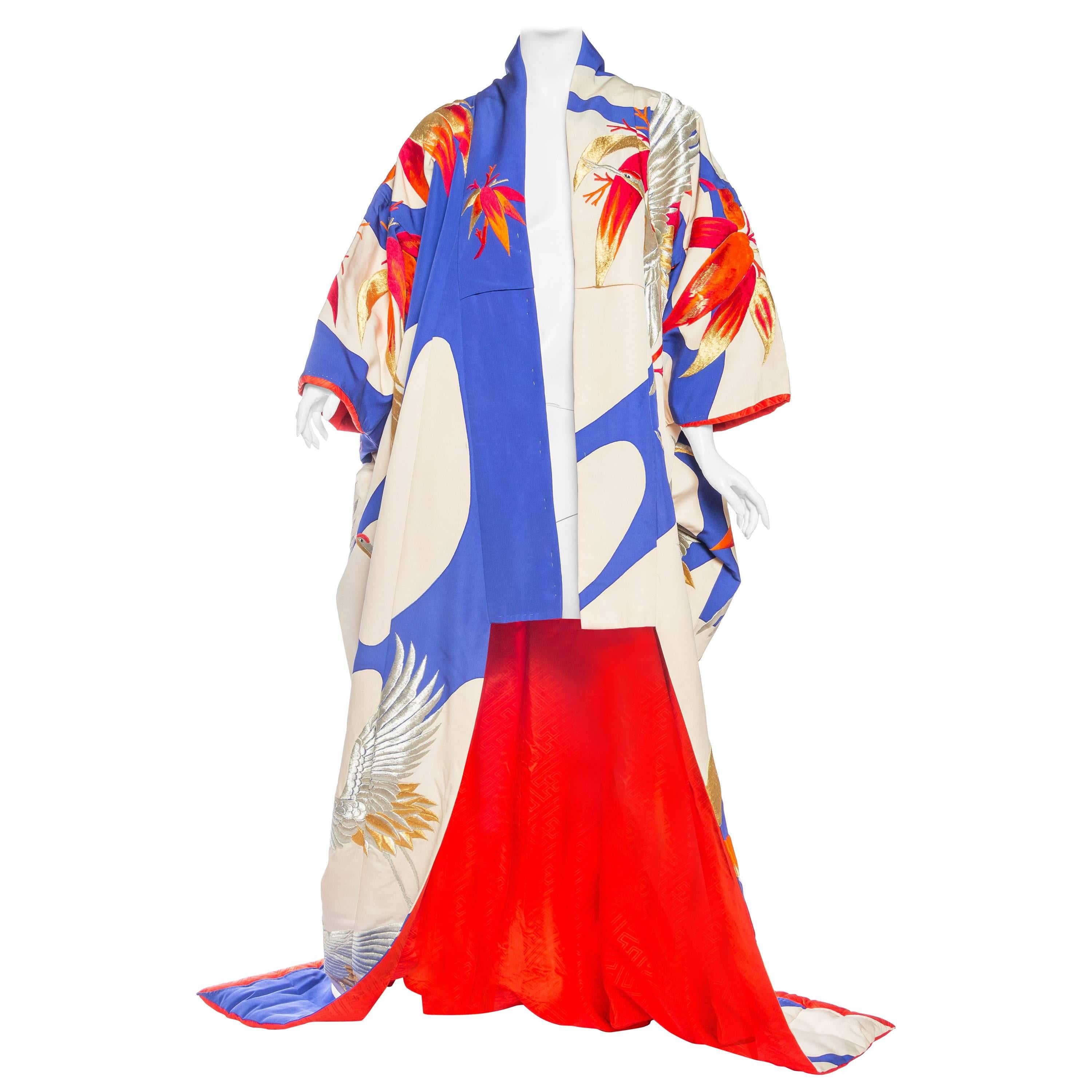 Japanese Kimono Embroidered with Gold and Silver Cranes